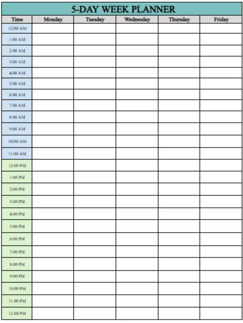 5-day weekly time blocking template